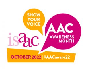 pink and orange yellow logo for AAC Awareness Month 2022