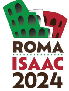 logo for ISAAC Rome conference showing a graphic illustration of historic buildings in green and red and the words Roma ISAAC 2023
